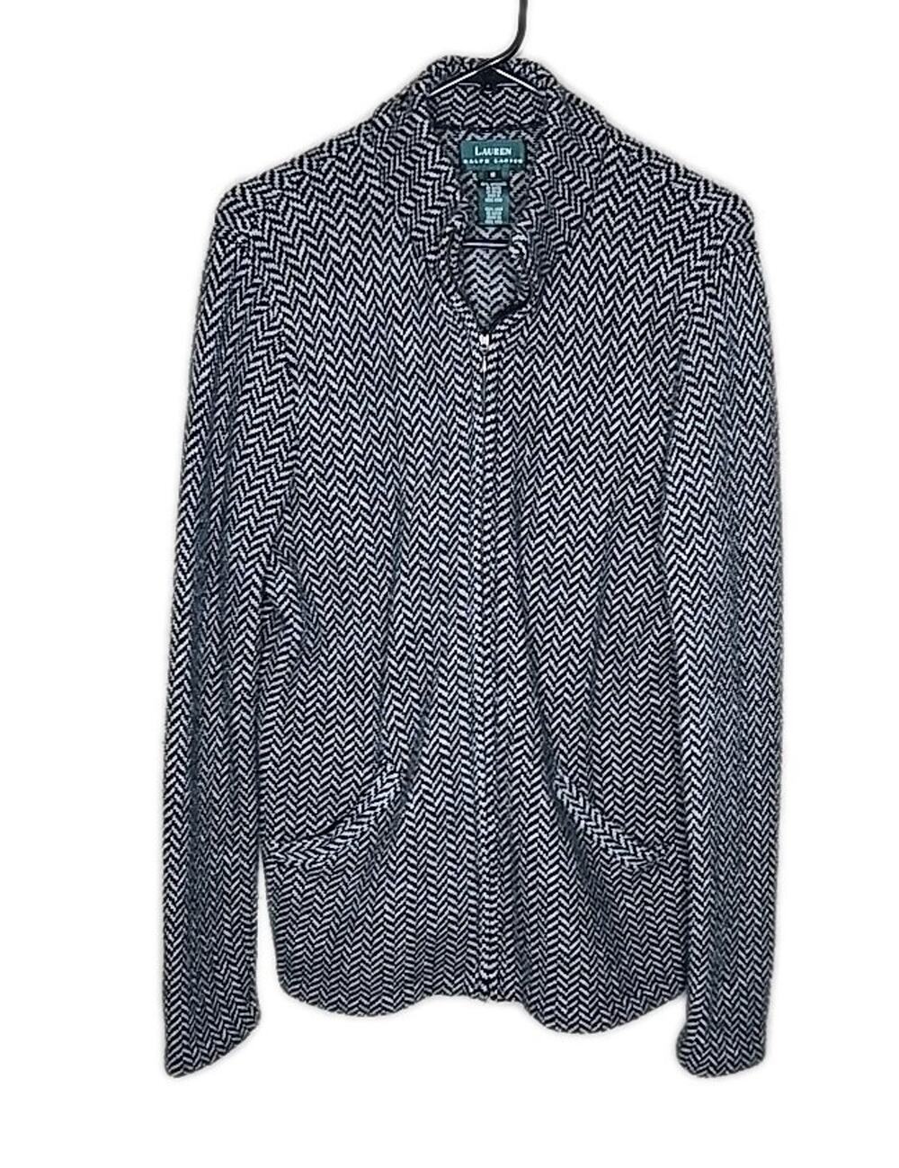 RALPH LAUREN Women's Jumper Size Med Full Zip Grey Knit Wool Herringbone
